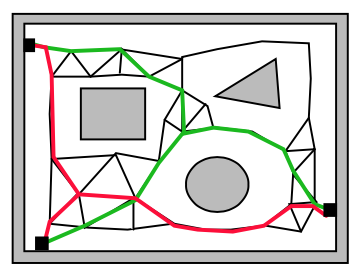 Diagram showing how to optimally connect a three-some around obstacles.