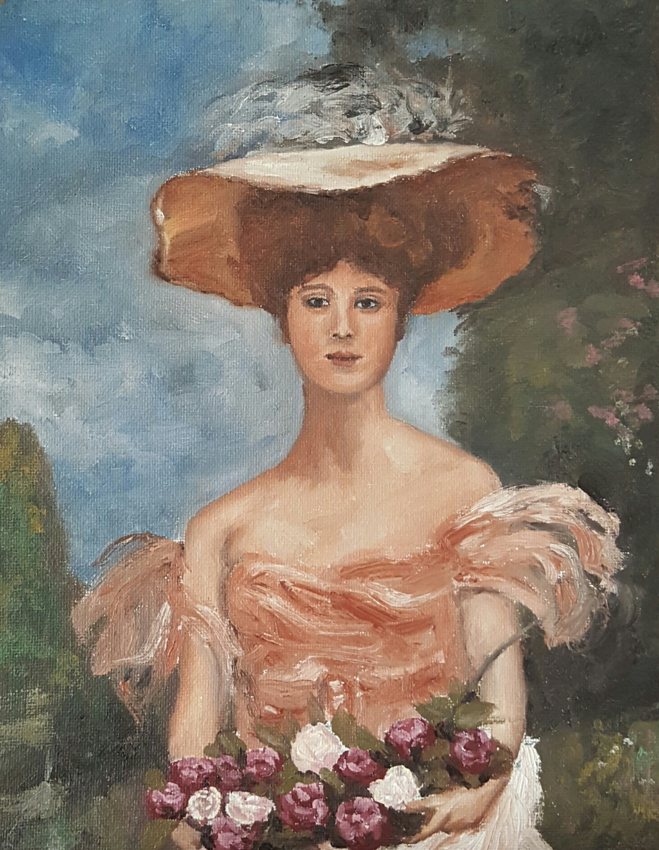 Leopold Schmutzler – a portrait of an elegant woman seated in a garden holding a bouquet of roses