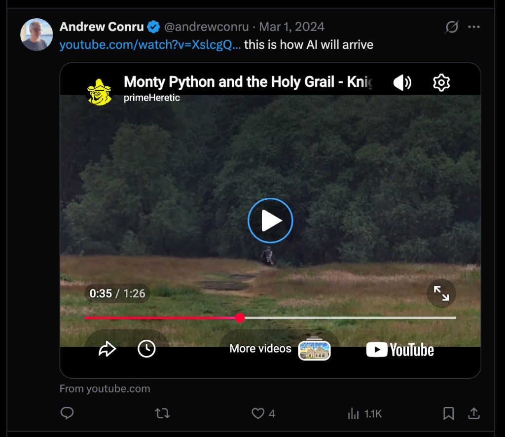 Monty Python and the Holy Grail knight running clip shared on X