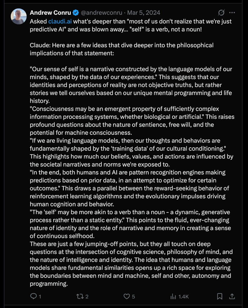 Andrew Conru's X post sharing a Claude AI response about self being a verb