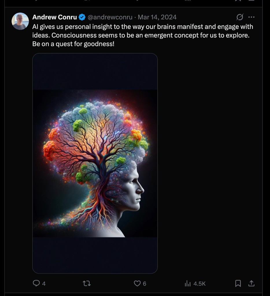 AI-generated art of a colorful tree growing from a human head, shared by Andrew Conru