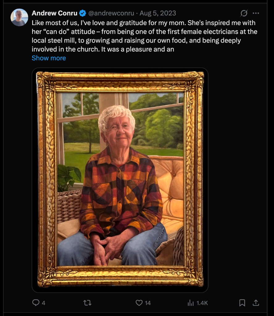 Oil portrait of Andrew Conru's mother in a gold baroque frame
