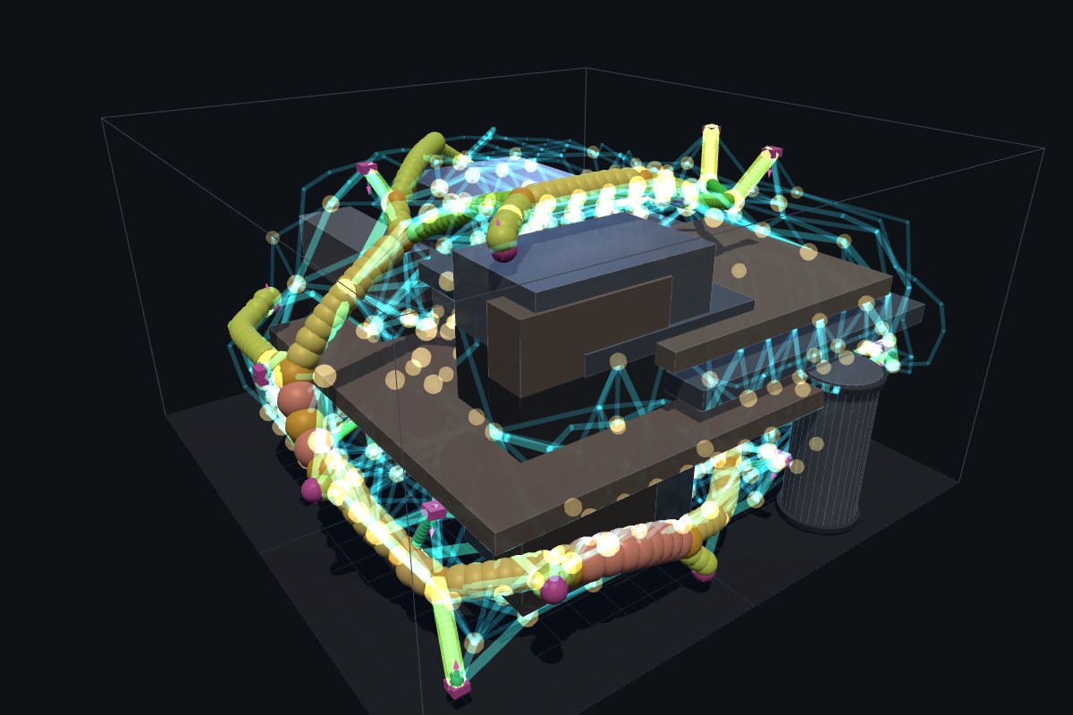 AI agents routing a cable harness through an engine bay, live in the browser
