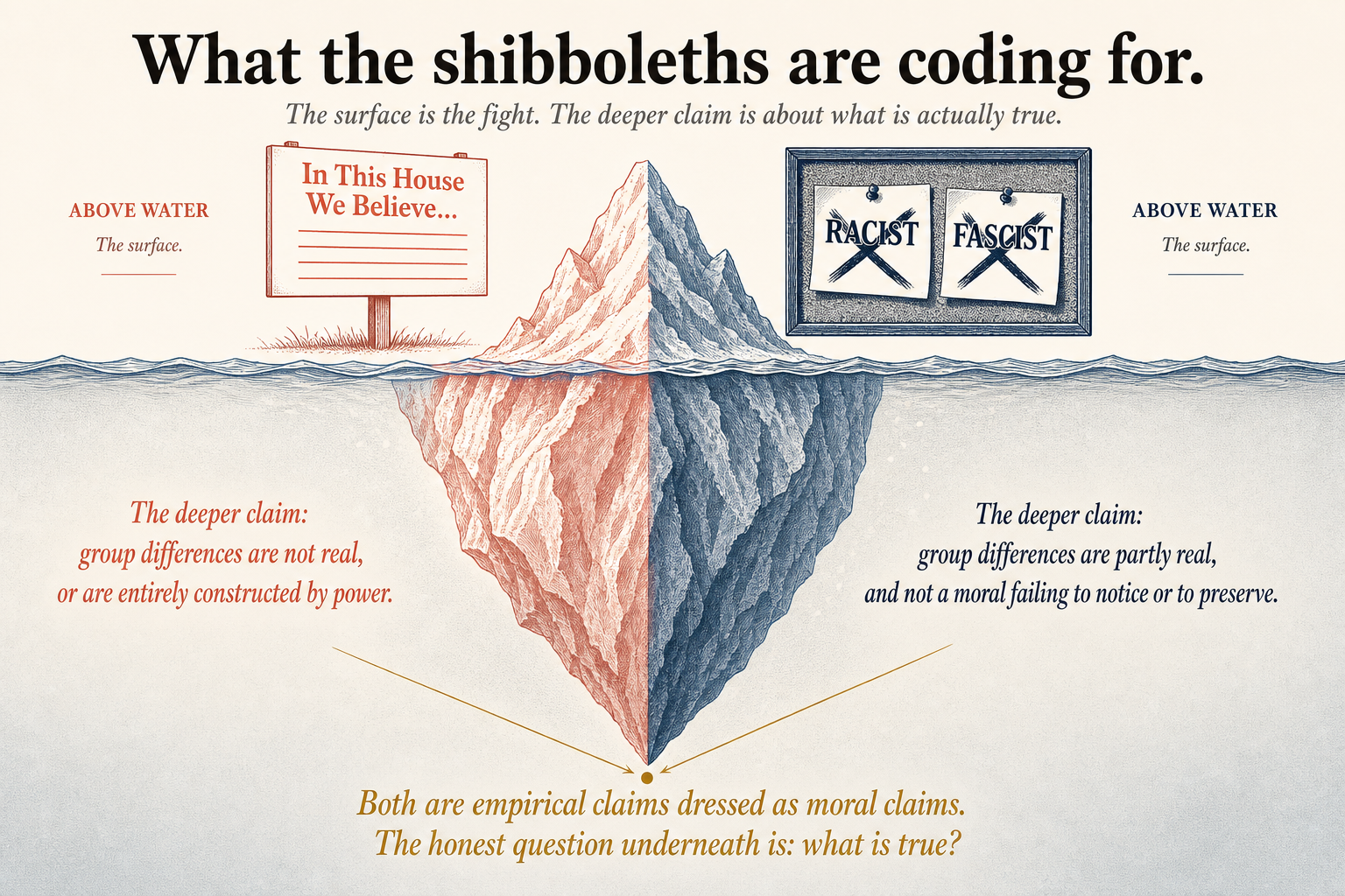An iceberg illustration. Above the waterline, two small icons: a yard sign reading In This House We Believe on the coral left side, and a corkboard with the words Racist and Fascist crossed out on the navy right side. Below the waterline, a much larger iceberg, split coral and navy. Left underwater text: The deeper claim, group differences are not real, or are entirely constructed by power. Right underwater text: The deeper claim, group differences are partly real, and not a moral failing to notice or to preserve. Bottom in gold italic: Both are empirical claims dressed as moral claims. The honest question underneath is, what is true.