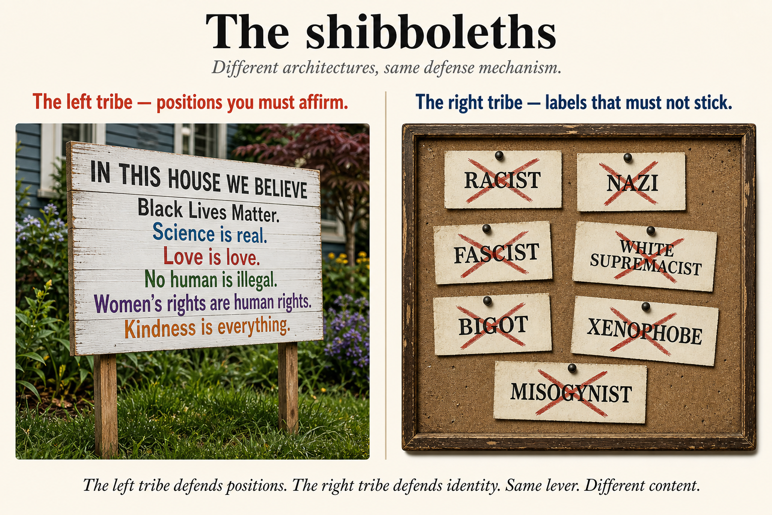 A two-panel illustration. Left panel in coral, labeled The left tribe, positions you must affirm: a hand-painted lawn sign reading In This House We Believe, Black Lives Matter, Science is real, Love is love, No human is illegal, Women's rights are human rights, Kindness is everything. Right panel in navy, labeled The right tribe, labels that must not stick: a corkboard with paper tags reading Racist, Nazi, Fascist, White supremacist, Bigot, Xenophobe, Misogynist, each crossed out with a red X. Bottom caption: The left tribe defends positions. The right tribe defends identity. Same lever. Different content.