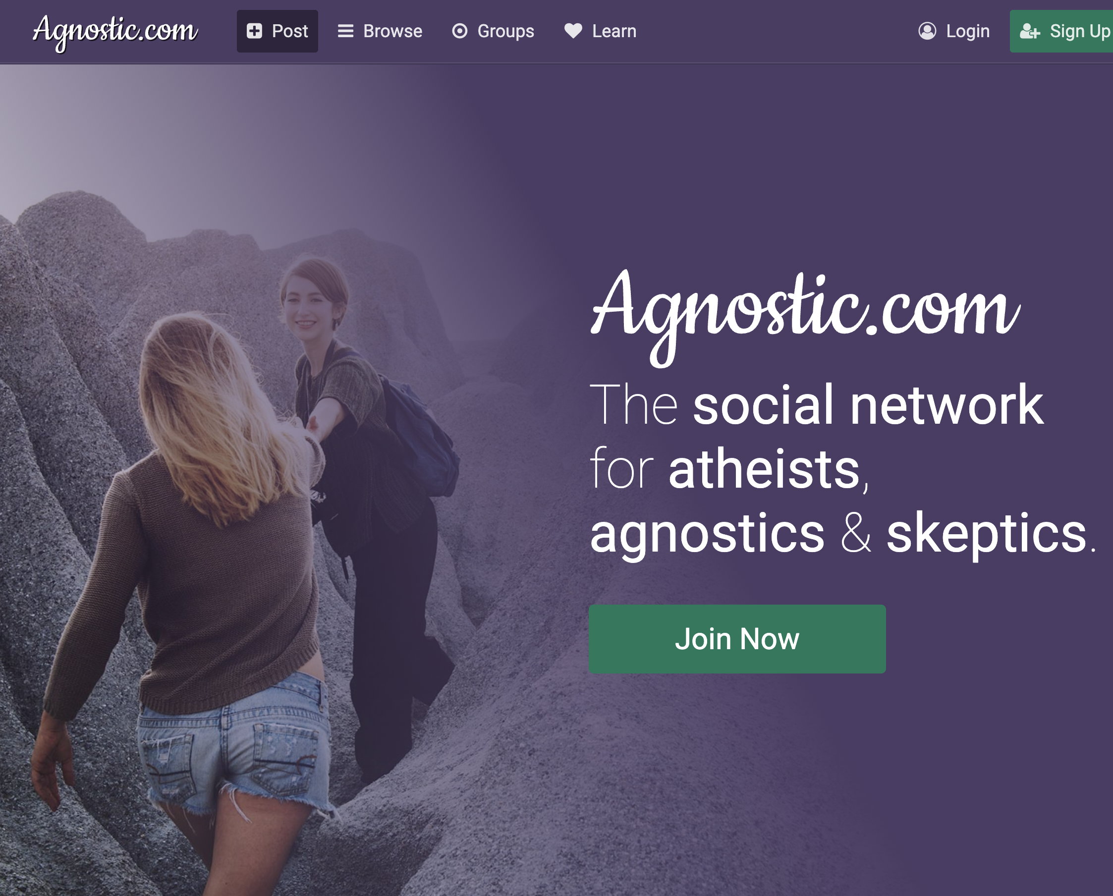 Screenshot of agnostic.com homepage at peak: 'The social network for atheists, agnostics & skeptics' with a hiking landscape image and a Join Now button.