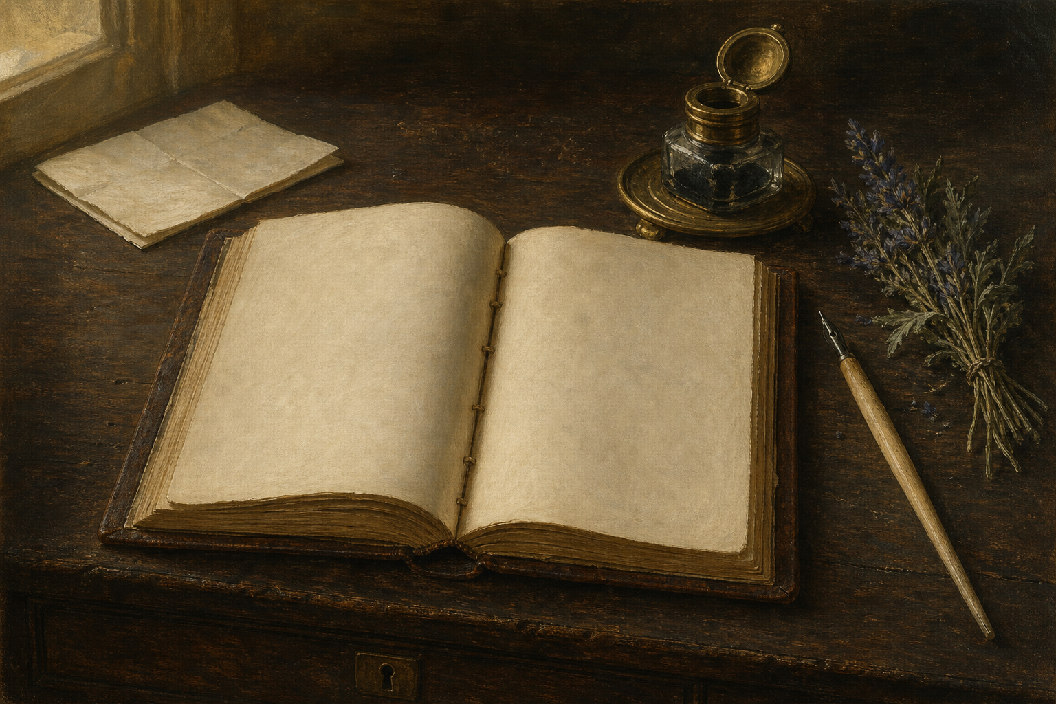 Cover illustration: a still life with an open book, brass inkwell, and dried lavender on a wooden writing desk.