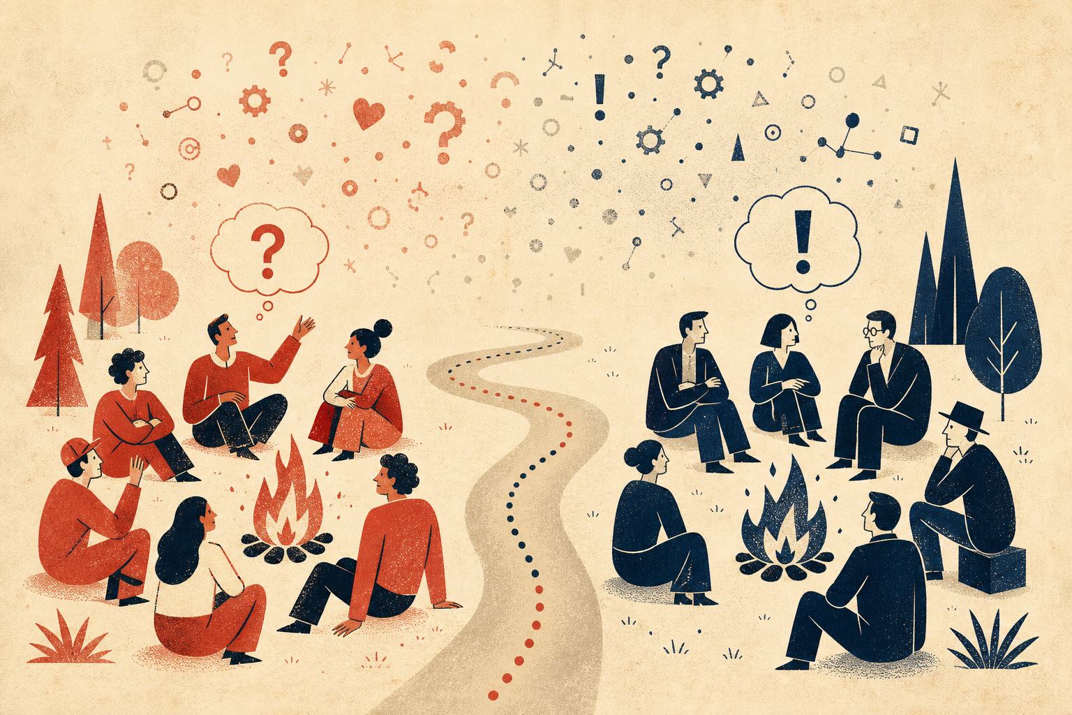 Two groups of figures gathered around their own campfires, the left side rendered in coral red with question marks above, the right side rendered in navy blue with exclamation points above, a single dotted path running between them.