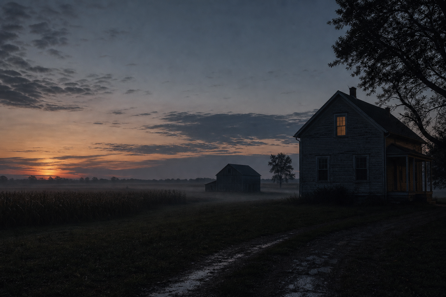 A 10-acre farm in northern Indiana at dawn. A wooden farmhouse with a single warm window light still on. A flat horizon and a gentle mist over a field.