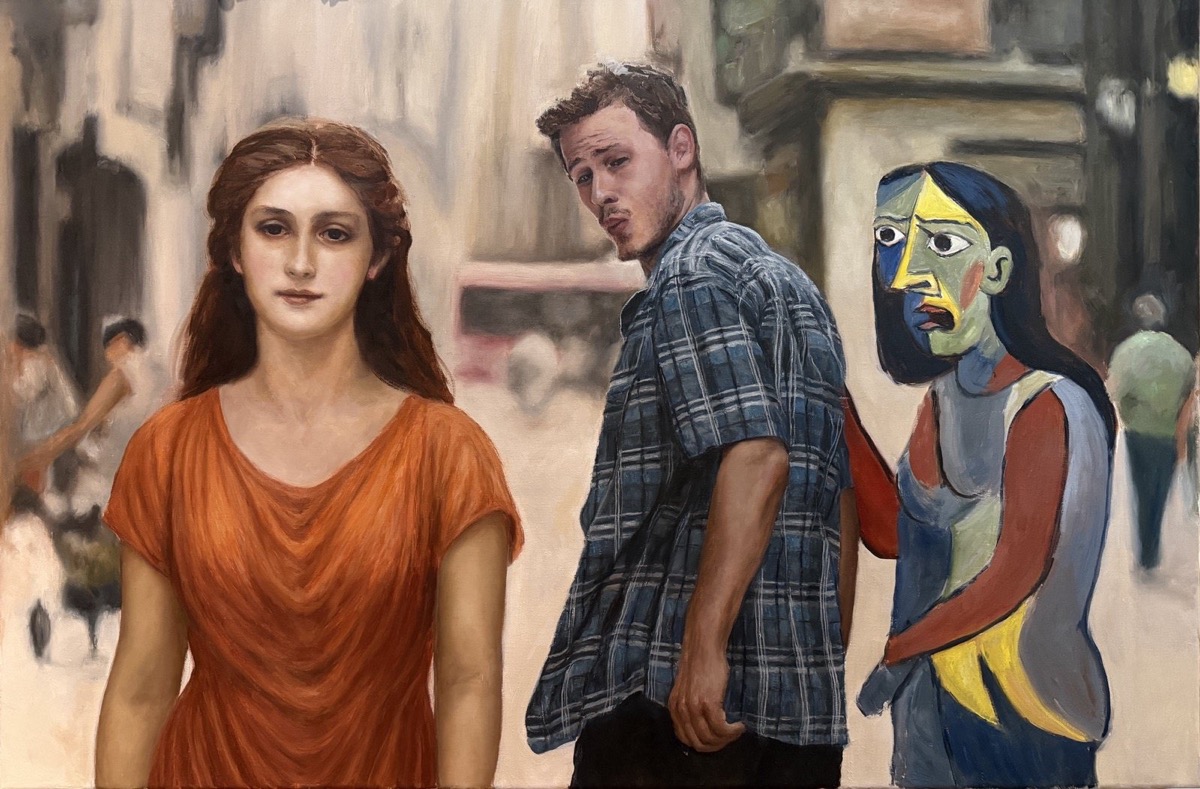 Head Turner, the finished oil painting: a red-haired woman in orange walks past, a man in a plaid shirt turns to look, and a Picasso-style woman looks on in dismay.