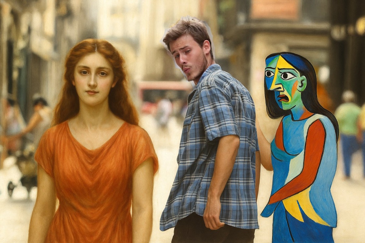 The AI composite reference for Head Turner: three figures on a sunlit street.