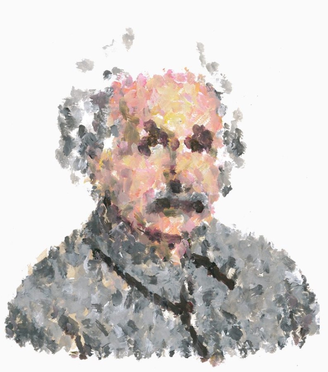 A robot-painted portrait of Albert Einstein in loose dabs of color.
