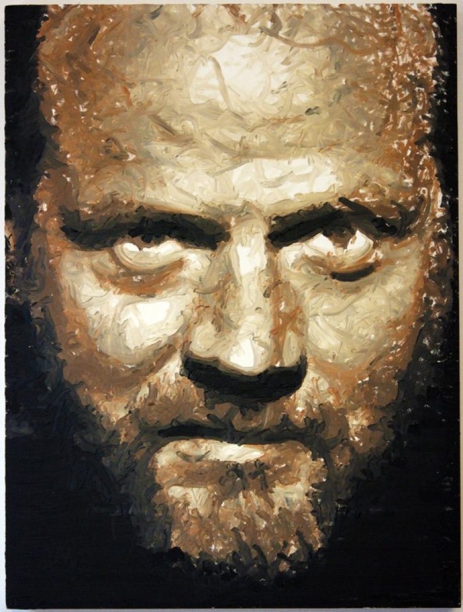 A robot-painted portrait of a bald man in warm, thick brushstrokes.