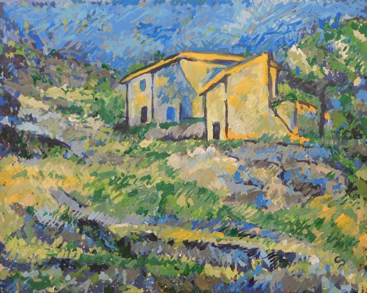 A robot-painted landscape of houses among trees after Cezanne.